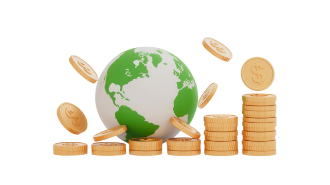 Global investment opportunities for sustainable growth, showing wealth accumulation and earth, ideal for finance, economics, and international business themes