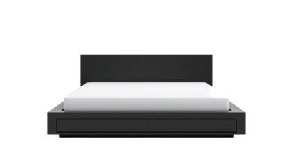 Modern black platform bed with white mattress set against a black backdrop