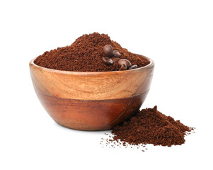 Bowl with coffee powder and beans isolated on white background