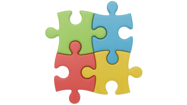 Vibrant jigsaw puzzle pieces forming a complete solution, ideal for teamwork concepts, problem-solving visuals, and creative collaboration projects needing a pop of color
