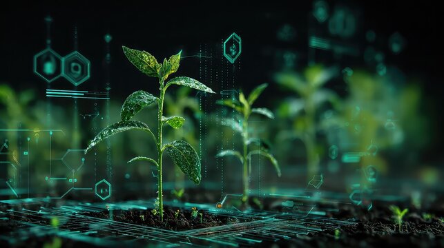Witness the future of agriculture as vibrant green seedlings thrive with advanced digital data visualizations illuminating growth and innovation in a sustainable farming environment. - Powered by Adobe