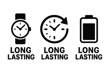 Long Lasting Icon Set with Clock, Watch, Battery, Black and White, Vector Illustration