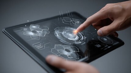 Expertly interacting with futuristic holographic interface displaying complex data and analytics on a sleek tablet device, showcasing digital innovation and advanced technology.