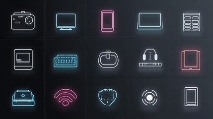Vibrant neon tech icons showcase modern devices and digital connectivity, perfect for futuristic design and innovation projects