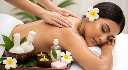 Woman Receiving a Massage with Herbal Compress and Frangipani Flowers | Spa Treatment for Wellness, Relaxation and Beauty Promotion