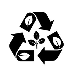 An illustration of the classic recycling symbol modified with leaf elements on each arrow and in the center. 