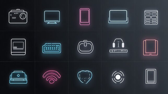 Vibrant neon tech icons showcase modern devices and digital connectivity, perfect for futuristic design and innovation projects