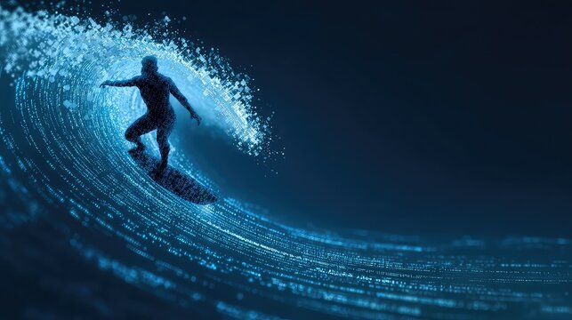 Dynamic digital surfer conquers glowing blue data wave, embracing technological advancement and extreme sports thrill