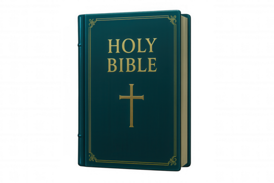 Closed holy bible with golden cross standing on a transparent background, perfect for religious or spiritual concepts