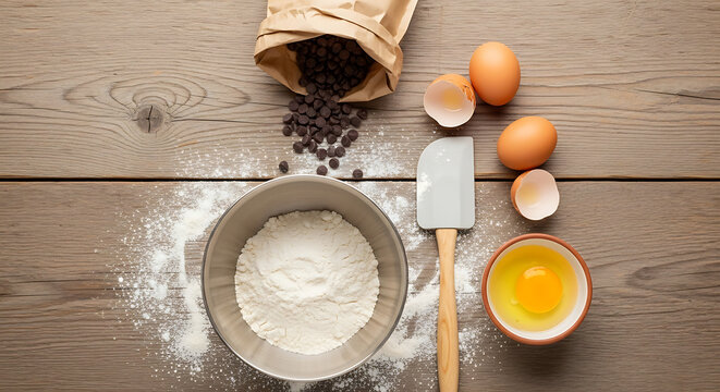 Baking ingredients arranged on a wooden surface: flour, eggs, chocolate chips, and a spatula.