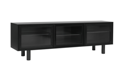Modern minimalist black media console with glass doors on black background