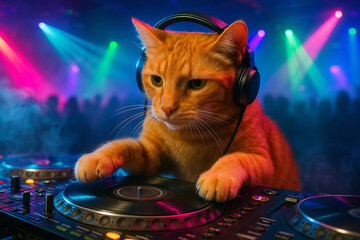 Ginger Cat DJ in Nightclub – Funny Music Animal Photo