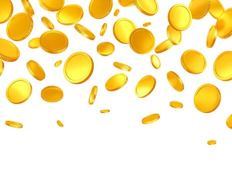 A shower of golden coins falls against a white backdrop