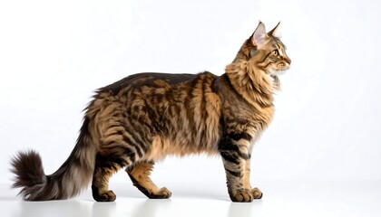 Obraz premium A longhaired tabby cat stands in profile against a white background