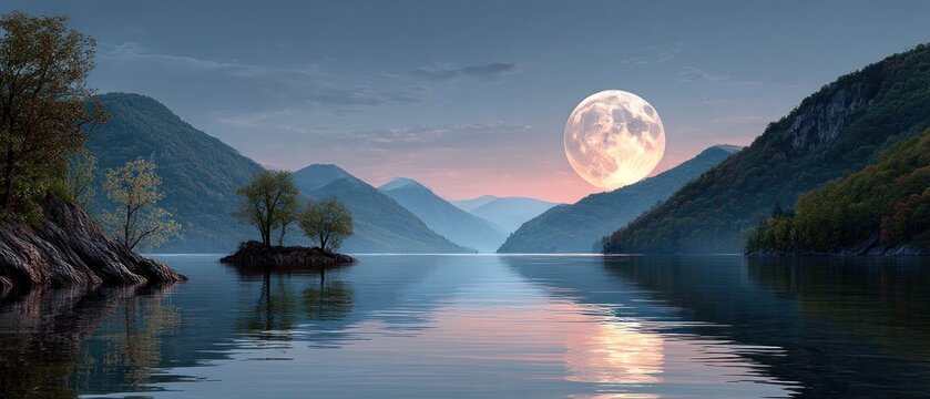 Serene lake landscape at moonlight