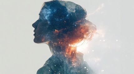 Captivating double exposure portrait of a woman's profile infused with a vibrant cosmic nebula, evoking wonder and imaginative thought