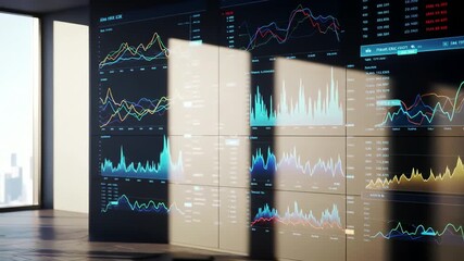 High-tech control room with dynamic financial charts on a large digital screen wall. - Powered by Adobe