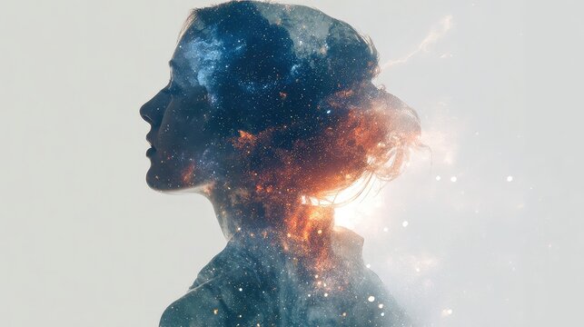 Captivating double exposure portrait of a woman's profile infused with a vibrant cosmic nebula, evoking wonder and imaginative thought