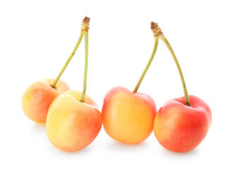Sweet yellow cherries on white background