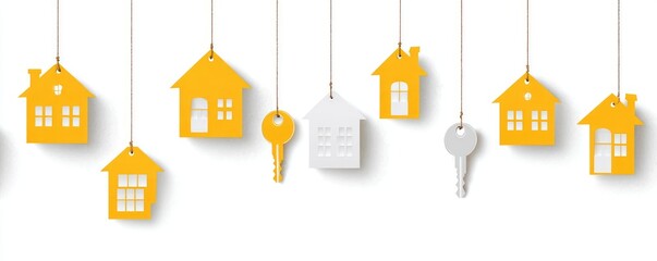 Yellow and gray paper house cutouts hanging on strings, with keys,  on a white background
