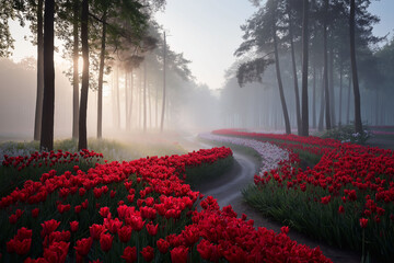 Naklejka premium Pathway of Blossoms: A captivating pathway, adorned with a vibrant tapestry of red tulips, winds its way through a misty forest. The ethereal sunlight filters through the trees.