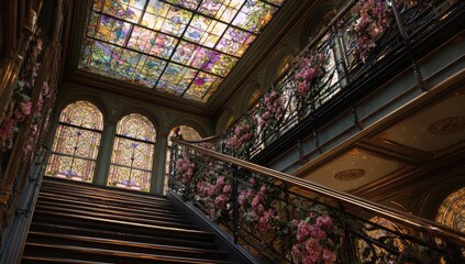 Fototapeta premium Grand staircase with stained-glass skylight and floral decor