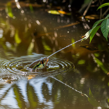 A stunning close-up of an Archerfish (Toxotes) in a pond, showcasing its unique hunting technique. 