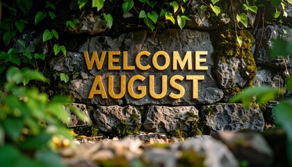 Welcome August Sign on Stone Wall with Greenery