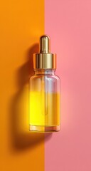 A clear glass dropper bottle, filled with a bright yellow liquid, sits on a split orange and pink background.  A gold dropper cap accentuates the bottle