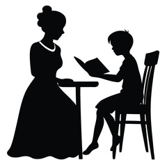 Woman teaching child reading book silhouette