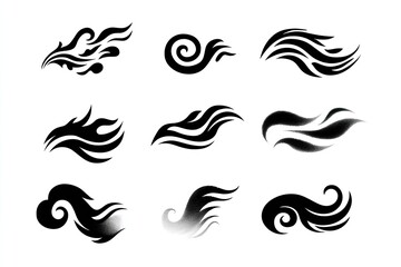Nine stylized fire or flame graphic elements