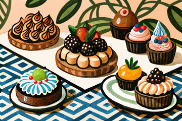 Brilliant Fancy Pastries with Fruit Toppings Bold Pink and Editorial Quality Content Cozy Intimate Setting Excellent for Brand Identity Development Professional Portfolio Quality Asset Creative Asset