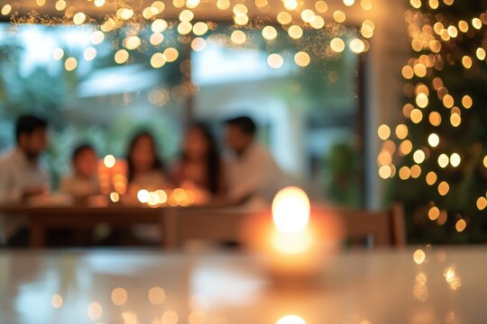 Blurred festive celebration, warm glowing lights bokeh