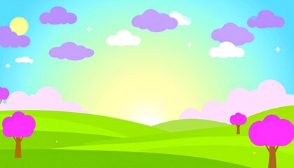 Obraz premium Colorful landscape with hills, clouds, and trees.