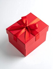 Obraz premium A red gift box with a satin ribbon bow sits on a white background