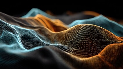 Abstract wavy, textured landscape of interconnected points in vibrant teal and orange hues, set against a deep black background.  Intricate, digital terrain simulation