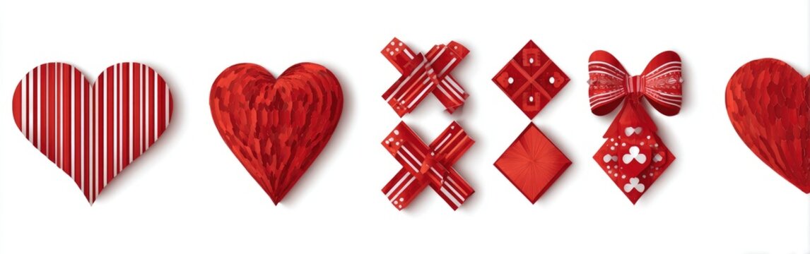 Red hearts, bows, and X's on a white background - Powered by Adobe