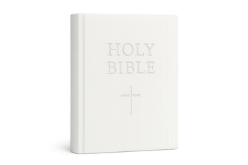 Religious book displaying embossed cross on white leather cover, symbolizing christian faith against clean transparent backdrop