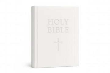 Religious book displaying embossed cross on white leather cover, symbolizing christian faith against clean transparent backdrop