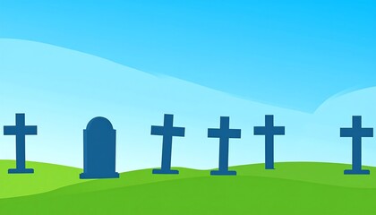 Silhouettes of crosses and tombstones on a grassy hill.