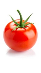 A single, ripe red tomato with a green stem sits on a white background, casting a subtle reflection