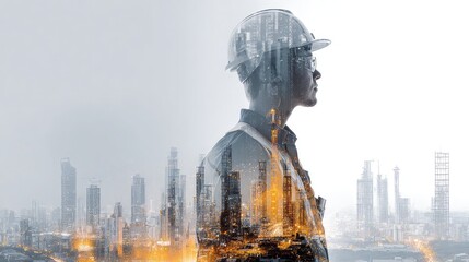 Visionary architect contemplating urban development, his profile overlaid with a dynamic cityscape glowing with warm, inviting lights.