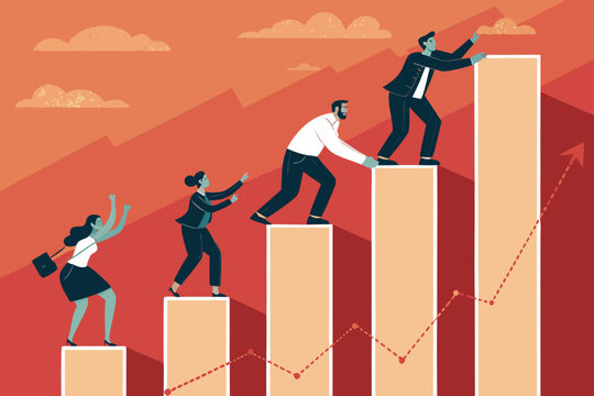 Fantastic Professionals Climbing Giant Bar Graphs Masterful Composition Art Soft Gentle Expression Great for Digital Marketing Campaigns Corporate Communication Asset Premium Creative Asset