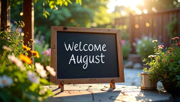 Welcoming August on Chalkboard Displayed Outdoors in Flower Garden - Powered by Adobe
