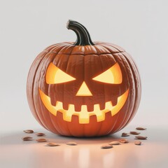 Fototapeta premium Glowing carved pumpkin with scattered seeds halloween
