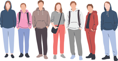 Flat vector illustration of diverse young people standing in casual hoodies and outfits, modern urban streetwear fashion design concept