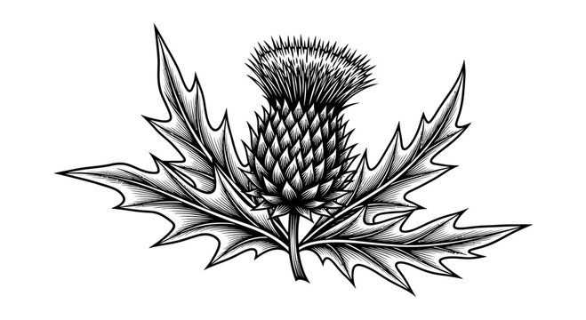 Monochrome depiction of a Thistle Flower, botanical illustration design