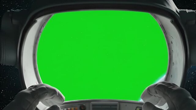 An astronaut's first-person view from a helmet in space, featuring a large green screen visor for easy video compositing and effects.