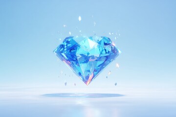 A luminous, light-blue diamond, seemingly levitating, with crystalline fragments