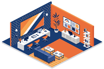 Extraordinary Isometric Workspace with Large Wall Screen Bold Unique Perspective Capture Artistic Creative Vision Ideal for Product Marketing Materials Authentic Storytelling Visual Narrative Creative